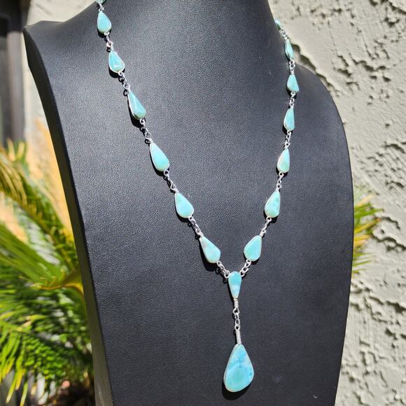 Vtg Larimar Lariat Necklace Aluminum Silver Wire Wrapped Teardrop Pear Gemstone - Picture 3 of 15